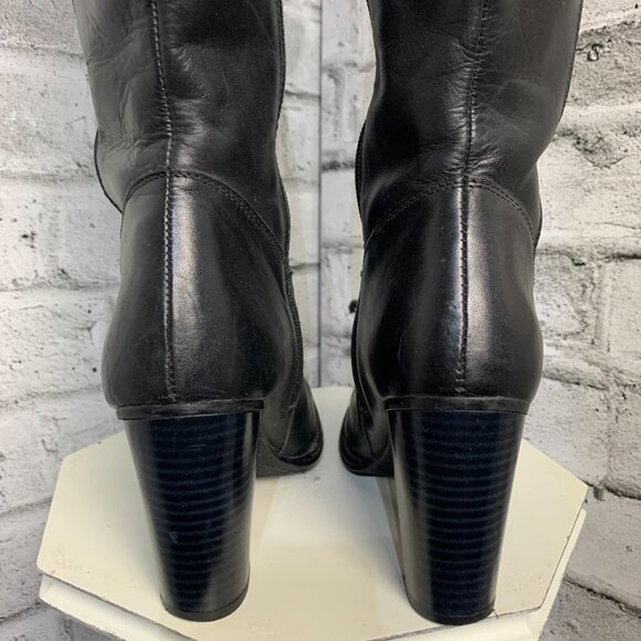 Vintage Black Leather Exposed Gold Zipper Block Heel Knee High Tall Boots - Picture 7 of 10